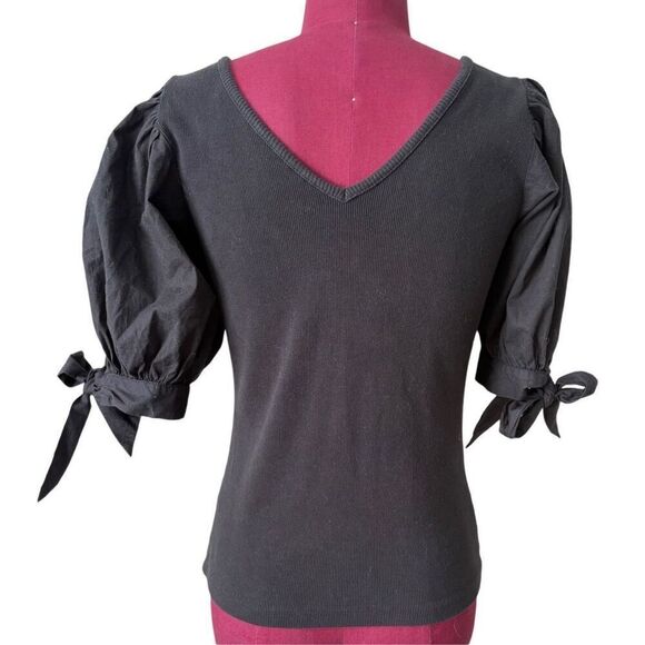 Anthropologie Maeve Puff-Sleeved Top V Neck Short Sleeve Tie Black Blouse - Picture 4 of 9